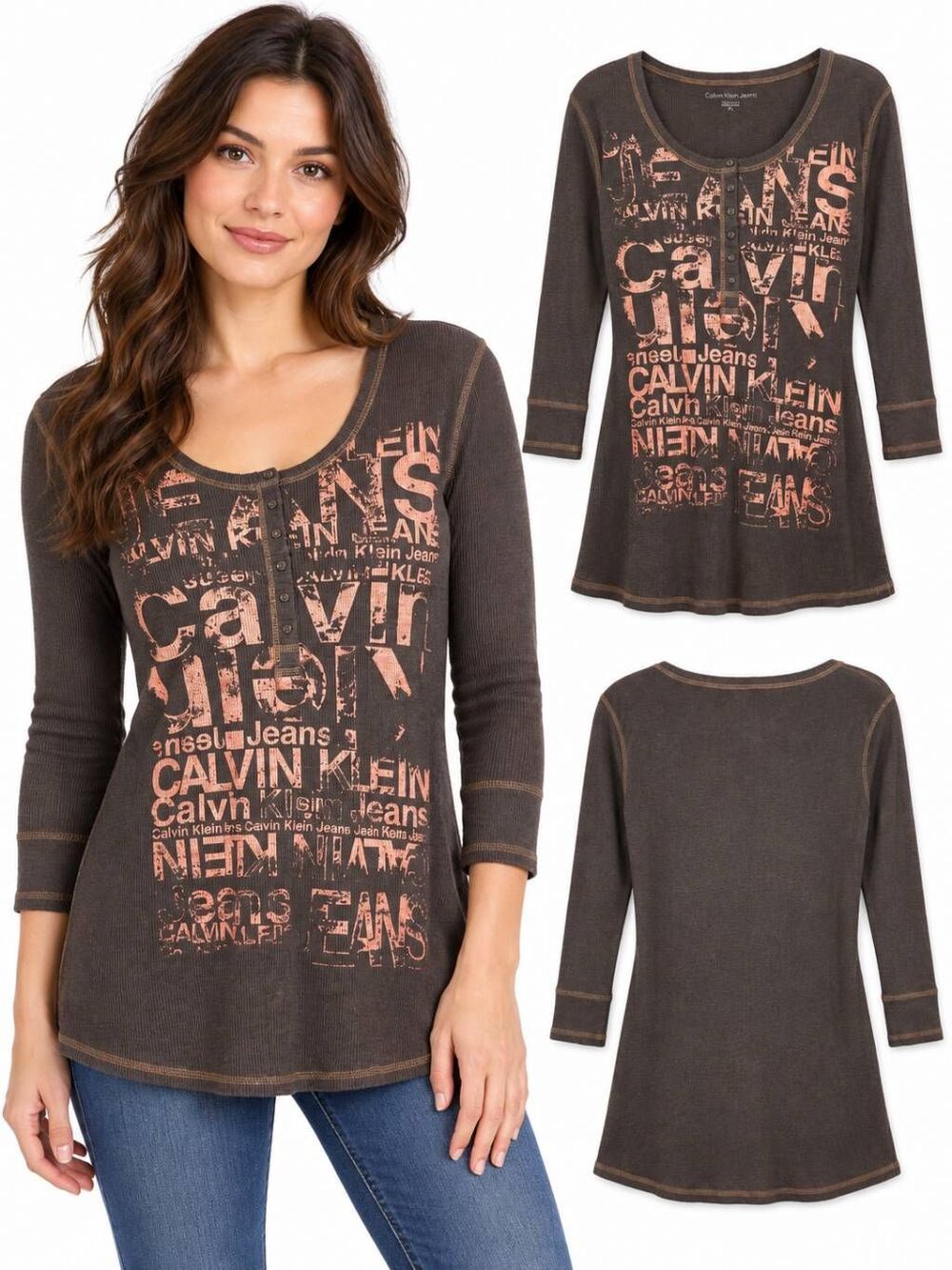 Calvin Klein Jeans Graphic Henley Top Brown Small